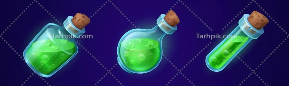 وکتور مجموعه کارتون بطریها با معجونهای جادوئی سبز رنگ