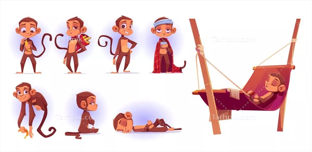 وکتور مجموعه کارتون میمون های خوشمزه و جذاب روی پس زمینه سفید