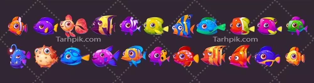 وکتور مجموعه انیمیشن ماهی‌های دریایی بامزه با زمینه تیره