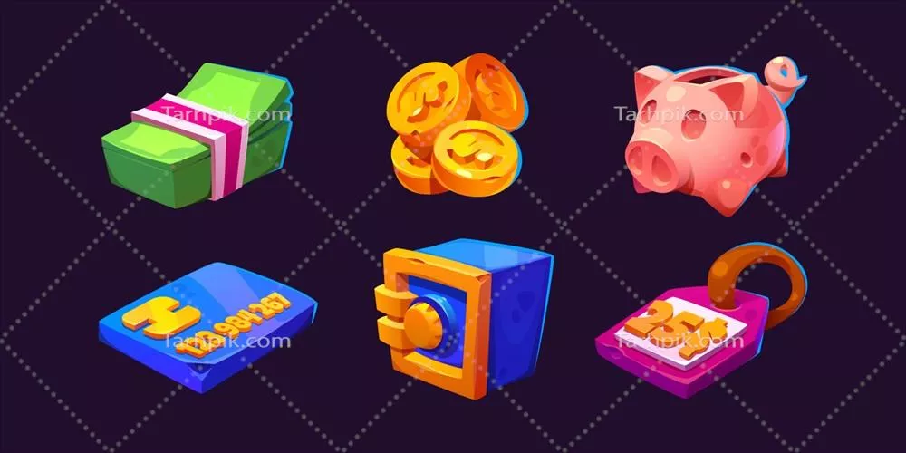 وکتور مجموعه کارتون آیکونهای مالی و بانکی: نمادهایی برای هر نیاز اقتصادی