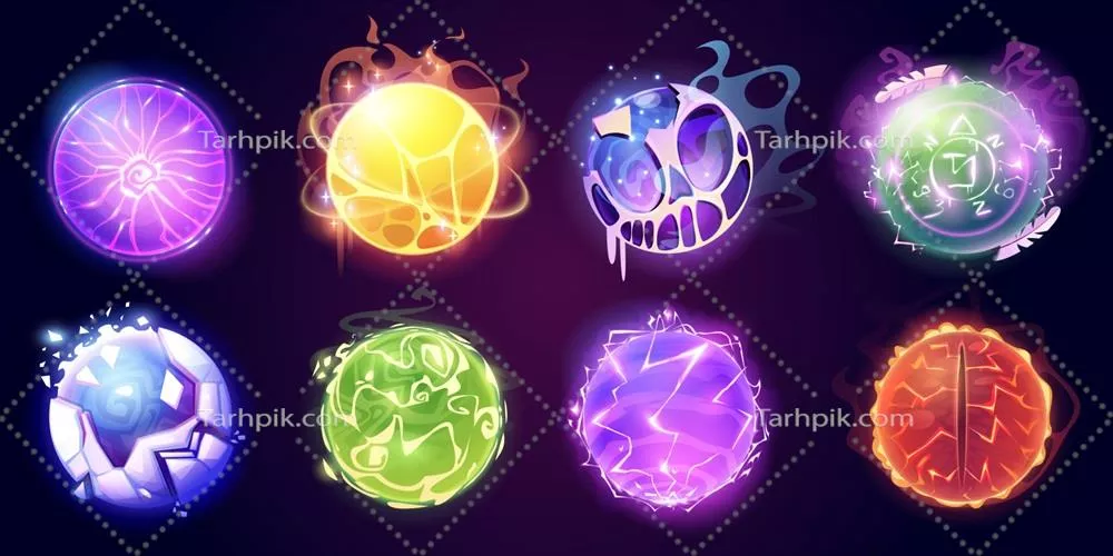 وکتور مجموعه انیمیشن توپ‌های پیشگویی جادویی با طراحی کارتونی