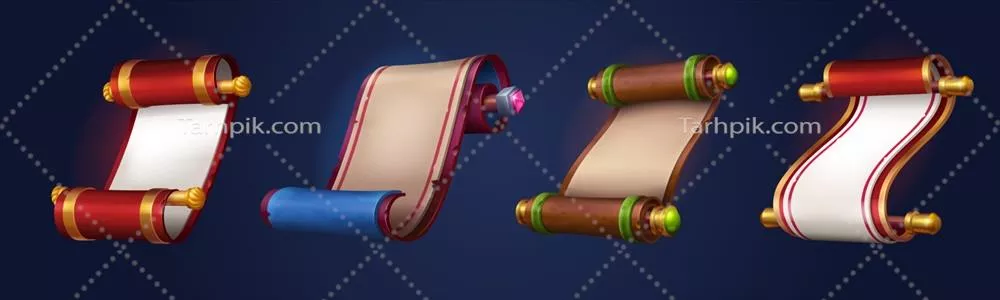 وکتور مجموعه کارتون از کاغذهای جادوئی و طومارهای قدیمی