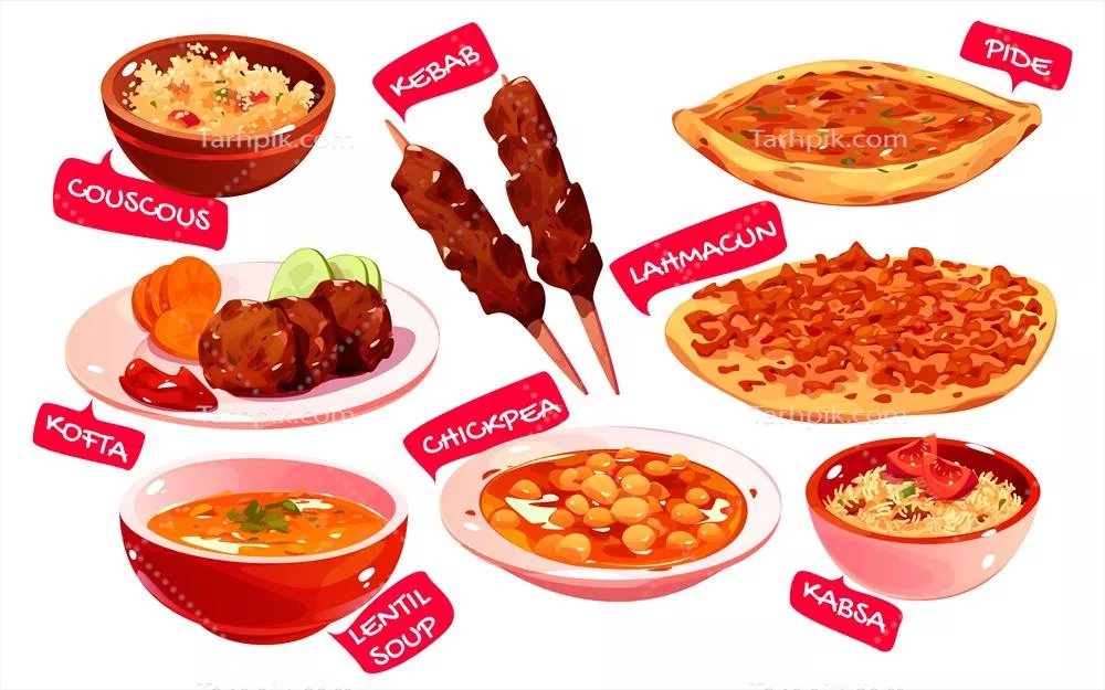 مجموعه وکتورهای کارتونی از غذاهای ترکیش با طراحی جذاب و رنگارنگ