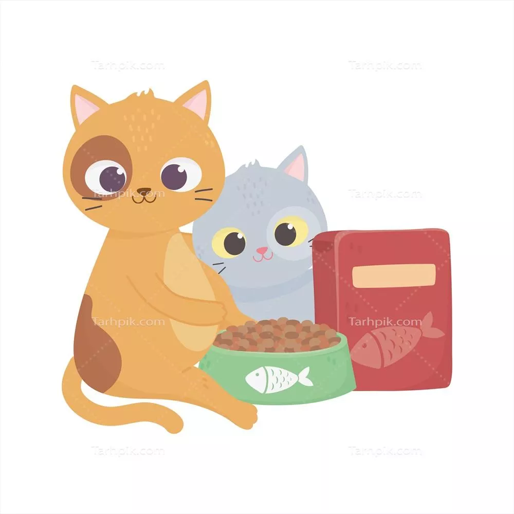 وکتور کودکانهای از محبت و خوشحالی: گربههای ناز و غذا در ظرف و جعبه