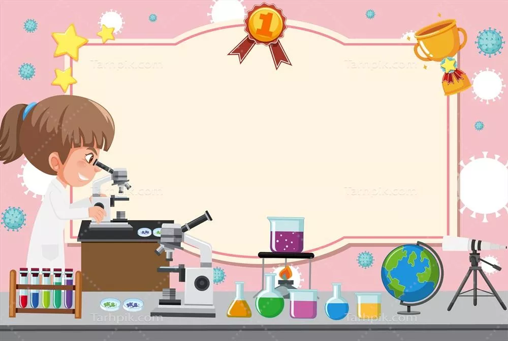 وکتور الگوی گواهینامه با تصویر دختر در لباس آزمایشگاهی که از طریق میکروسکوپ نگاه میکند