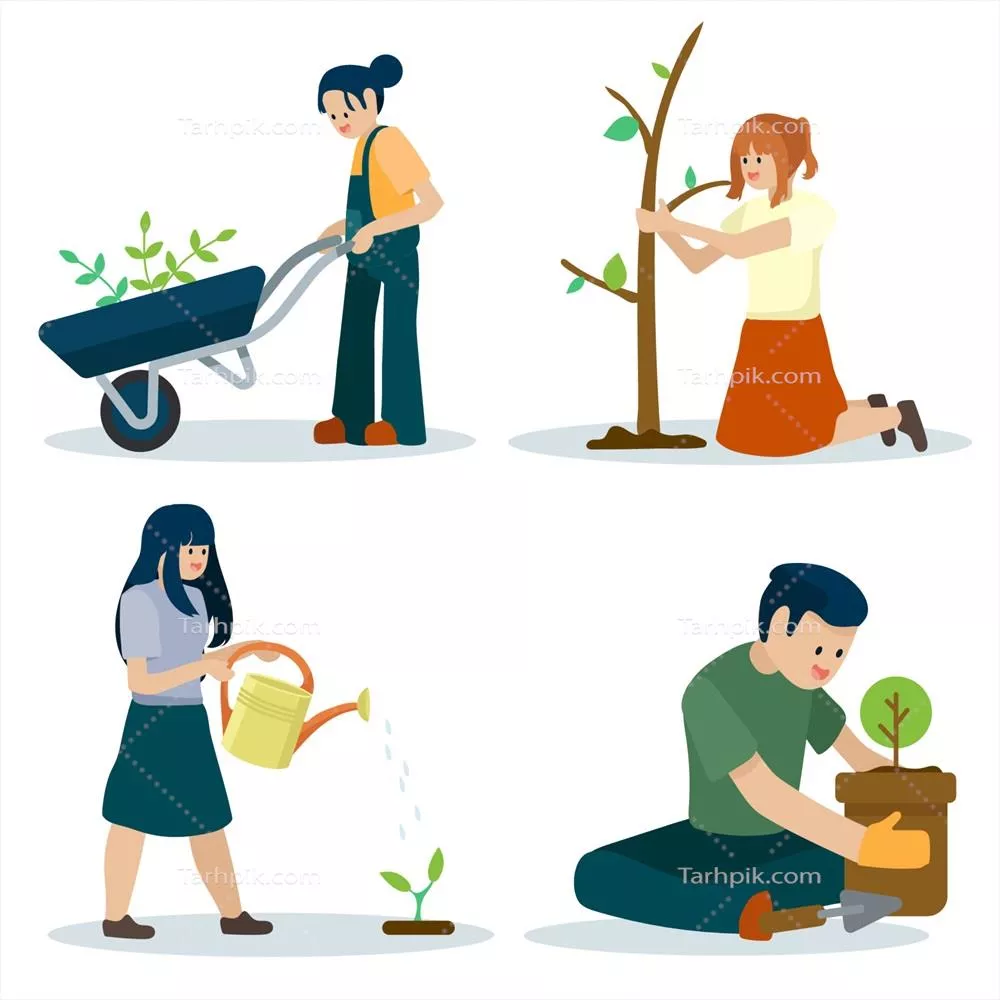 وکتور شخصیت ها: کاشت نهال و رشد درختان در خاک برای ایجاد یک باغ زیبا