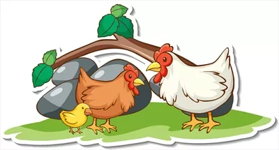 وکتور استیکر زیبای خانواده مرغ با عناصر طبیعی در آغوش طبیعت