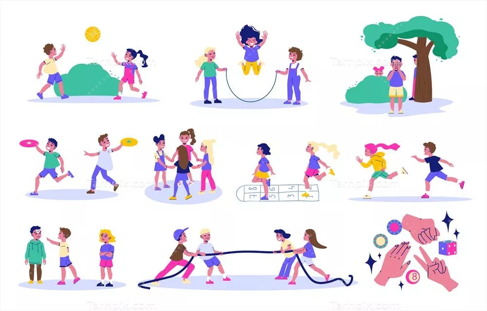وکتور بسته آیکونهای مسطح بازیهای فعال و سرگرمکننده برای کودکان