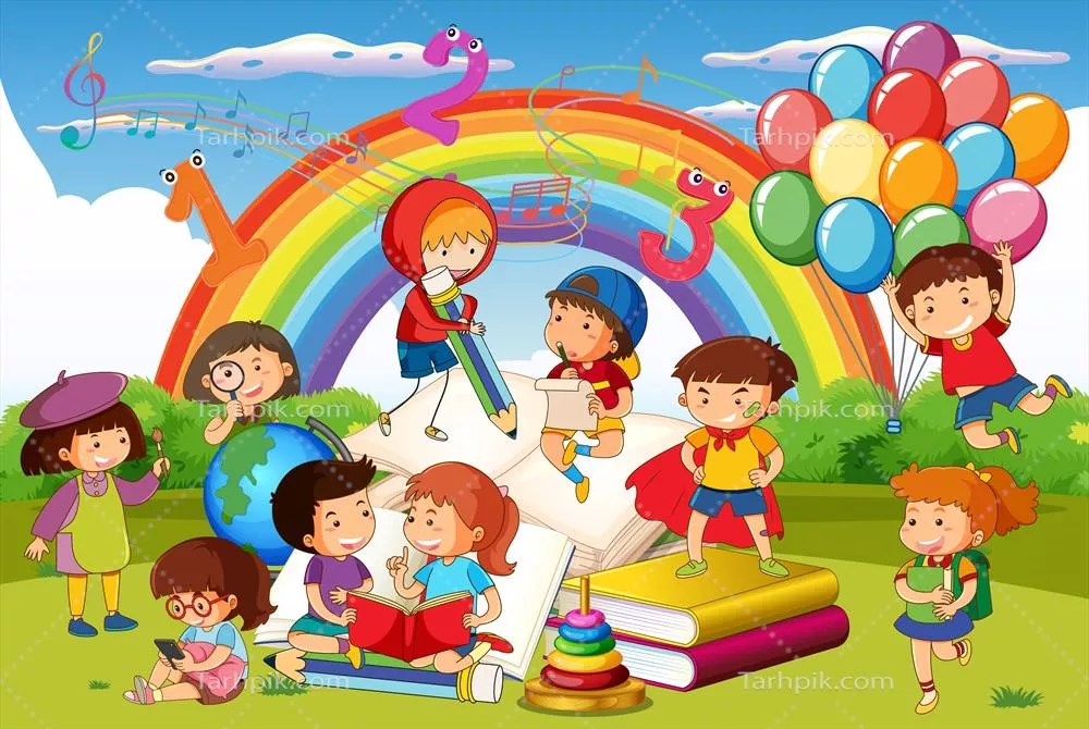 وکتور صحنهای زیبا از کودکان در حال مطالعه کتابها در باغ با سنگ چیده شده