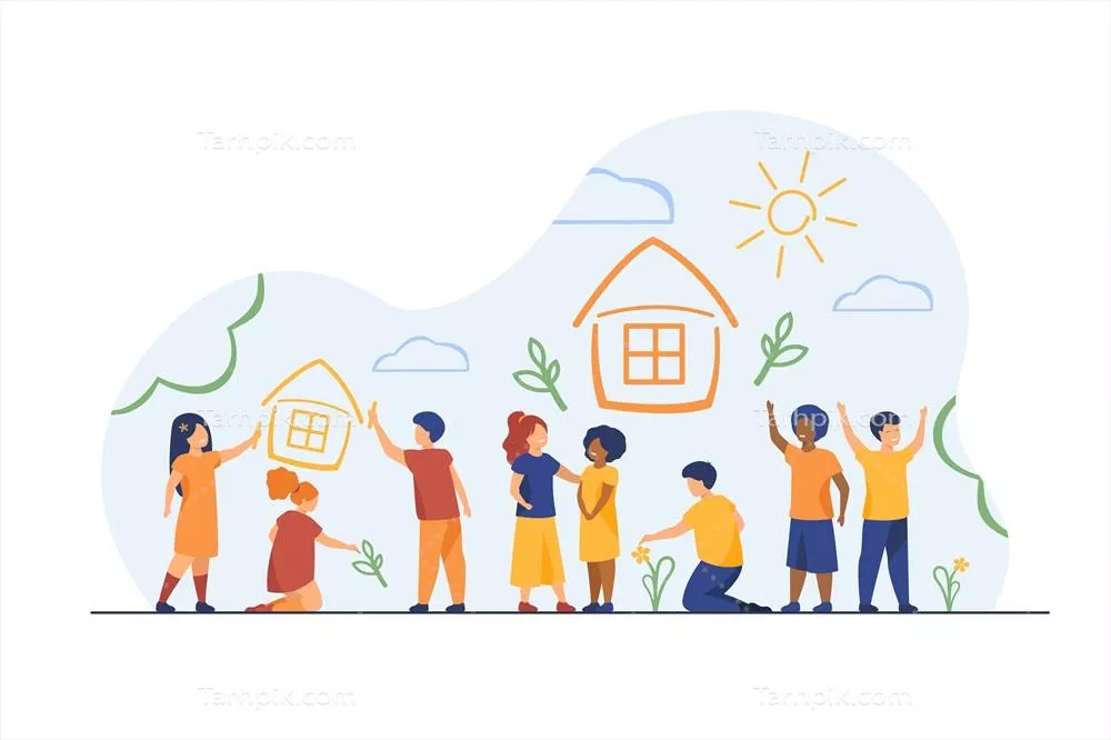 تصویری وکتوری از نقاشی کودکان با مداد رنگی در خانه