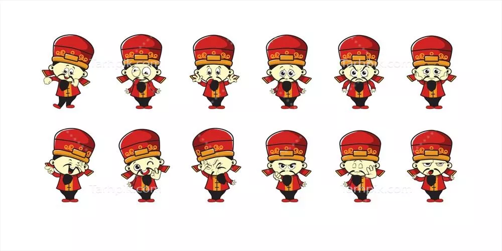 طراحی وکتور ایموجی مردان چینی با نمادهای ناز و جذاب