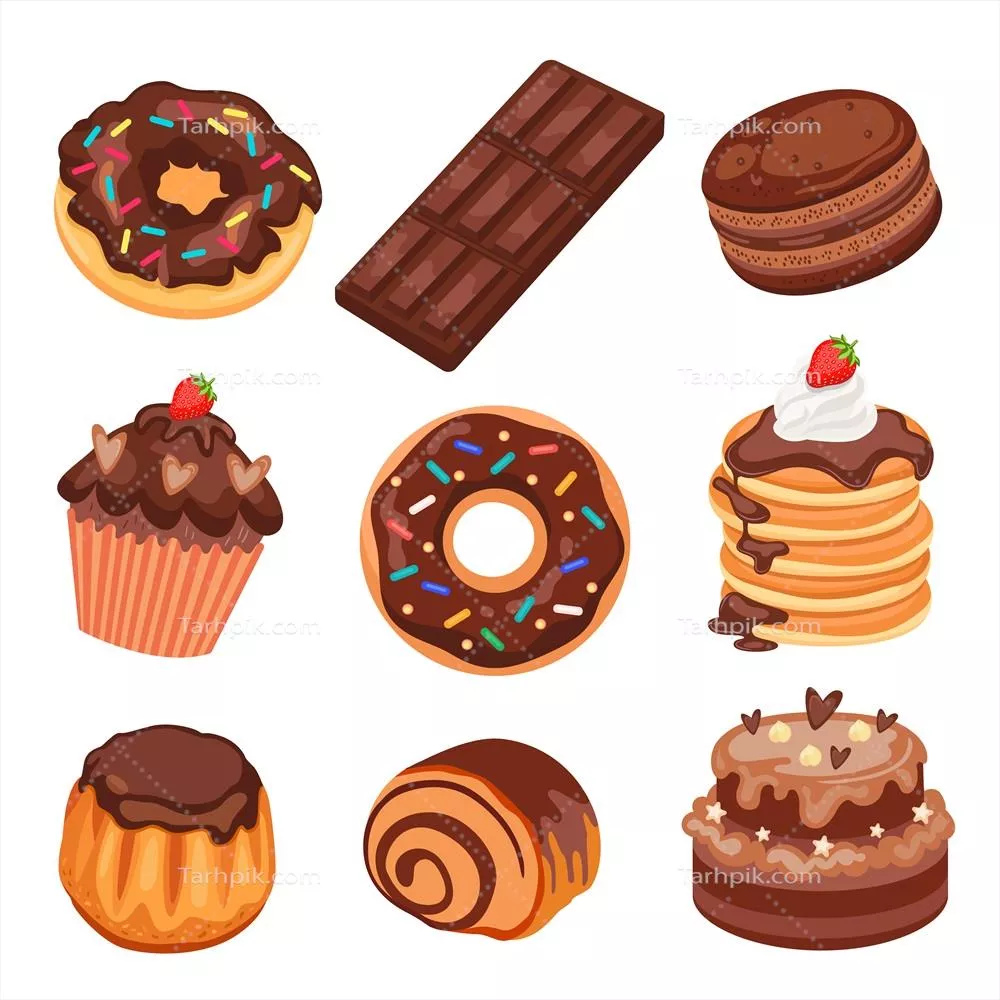 وکتور مجموعه تصاویر دسرهای شکلاتی و شیرینیهای خوشمزه برای منوی کافه