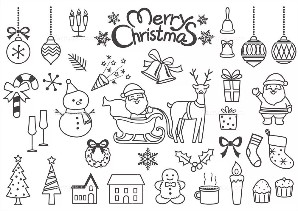مجموعه طراحی وکتور عناصر کریسمس با پس زمینه سفید و خطوط مشخص
