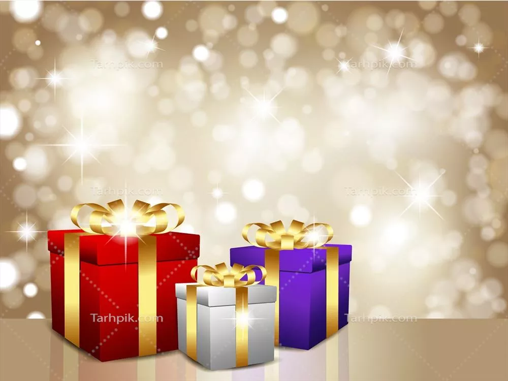 وکتور هدیههای کریسمس بر روی زمینه طلایی زرق و برقدار