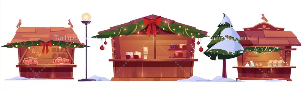 وکتور بازار کریسمس: غرفههای چوبی در جشنواره خیابانی خوشبو و زنده