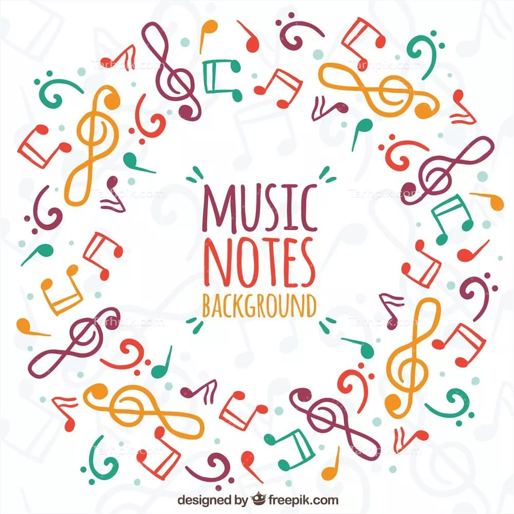 پس زمینه دایره ای با نت های موسیقی رنگارنگ و جذاب - وکتور