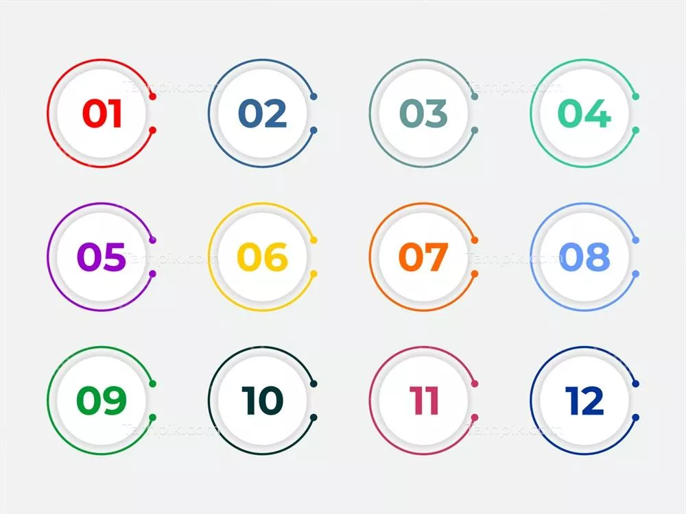 وکتور نقطه شماره گیری دایره ای از یک تا دوازده با طراحی منحصر به فرد