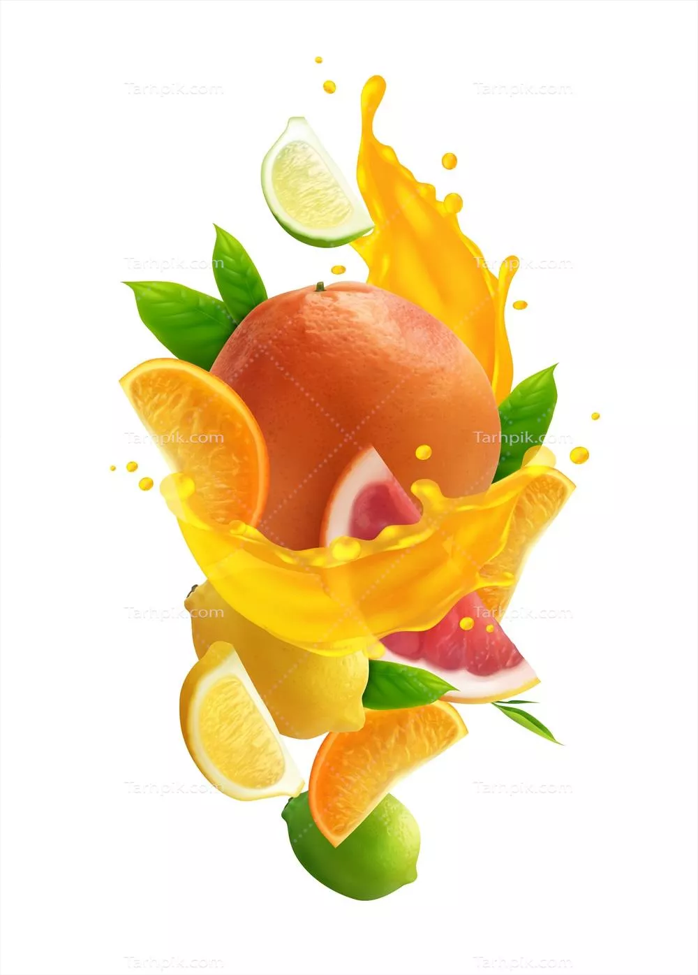 وکتور ترکیب رنگی رنگ آبمیوه مرکبات با میوههای تازه و ریختن آبمیوه در پسزمینه سفید