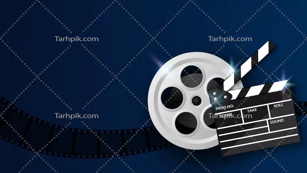 وکتور تخته صحنه، نوار فیلم و قرقره فیلم بر روی زمینه آبی با فضایی برای متن - مفهوم سینما