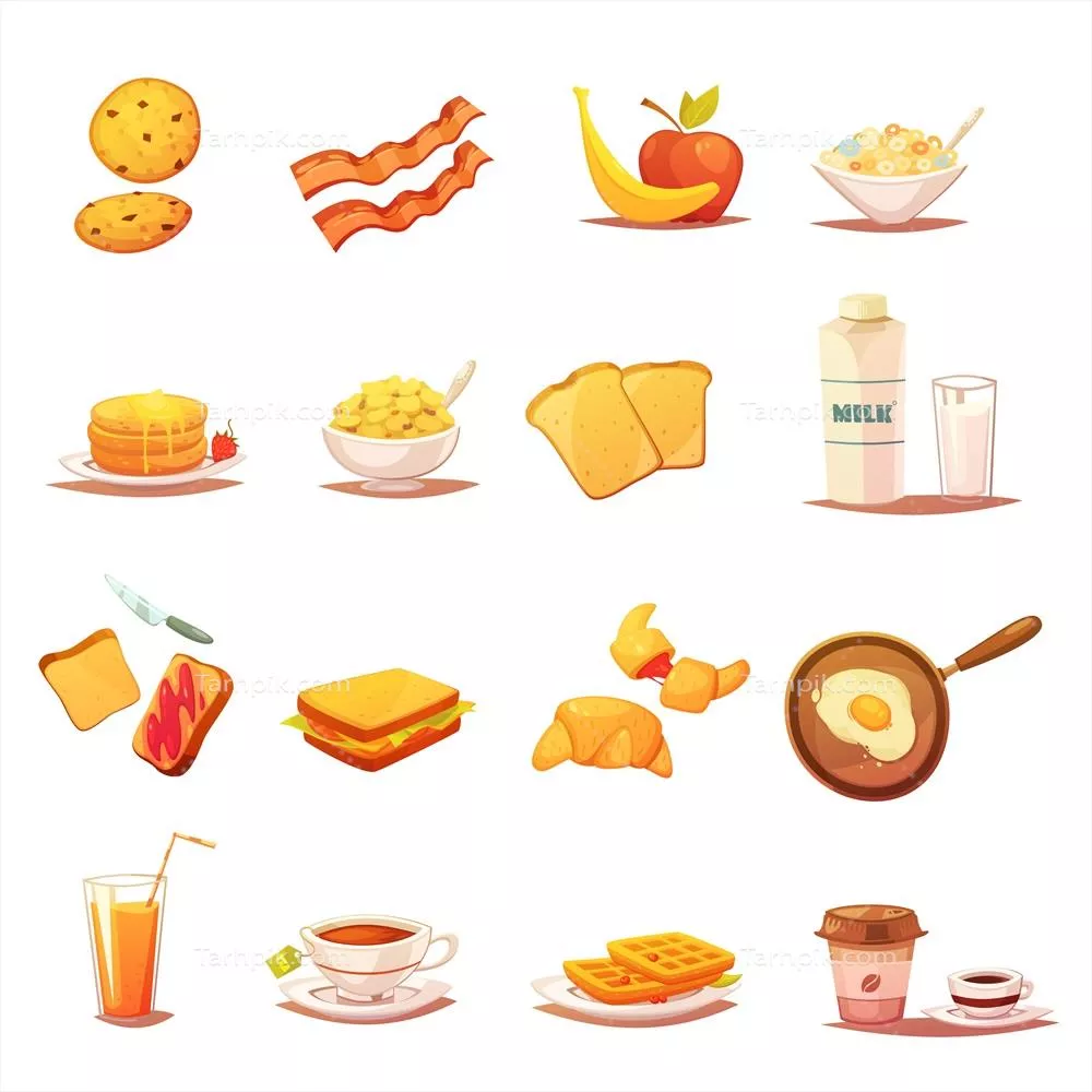 آیکونهای کلاسیک صبحانه و ترسیمات وکتور برای پروژههای گرافیکی