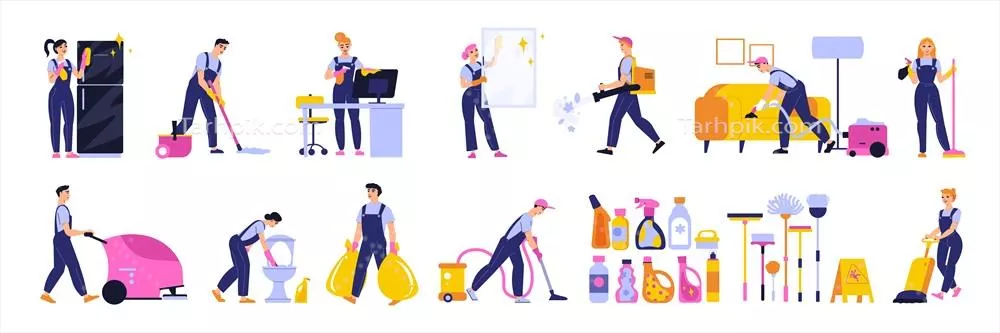 وکتور خدمات نظافتی حرفهای با مجموعهای کامل از ابزار و تکنیکها