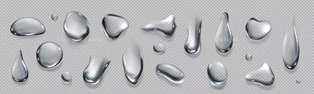 طراحی وکتور قطرات آب شفاف، شبنم در حال چکیدن و بارش باران