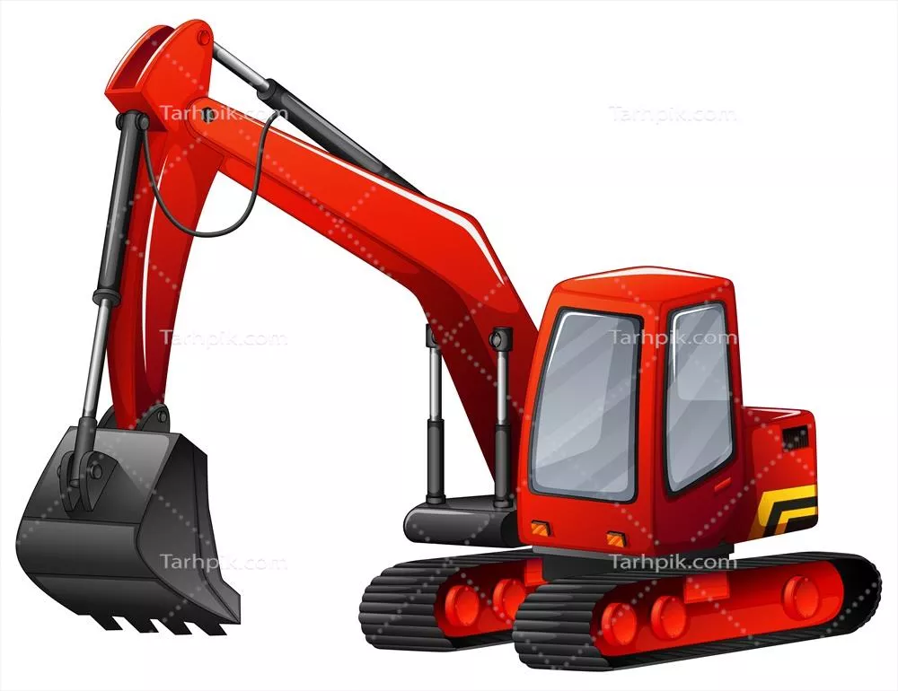 وکتور نمای نزدیک از یک بیل مکانیکی قرمز با بیل فلزی در حال کار