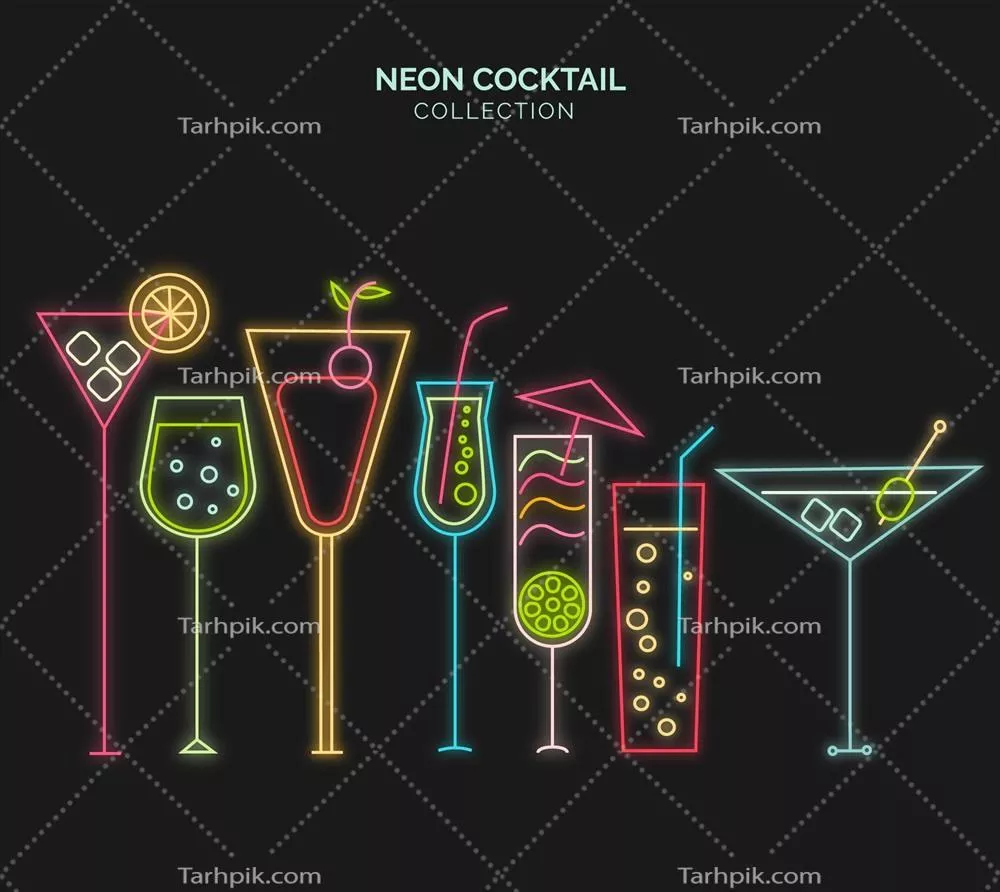 وکتور مجموعه کوکتلها با طراحی و استایل نورهای نئونی