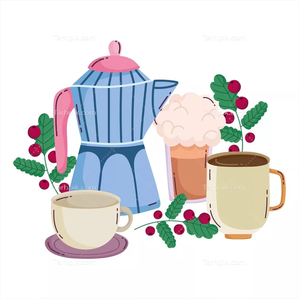 روشهای دمآوری قهوه: تصویر وکتوری از موکا پات، اسموتی و لیوانها