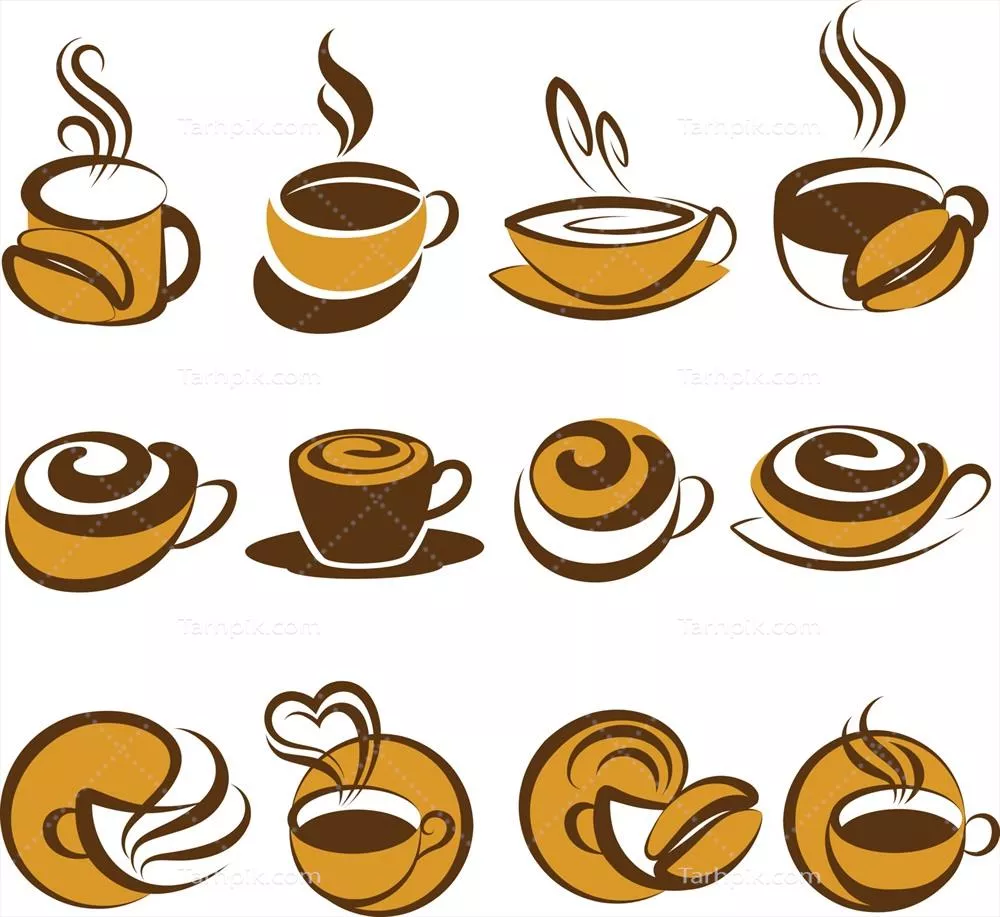 مجموعه نمادهای قهوه، فنجان و دانه با طراحی وکتور خلاقانه