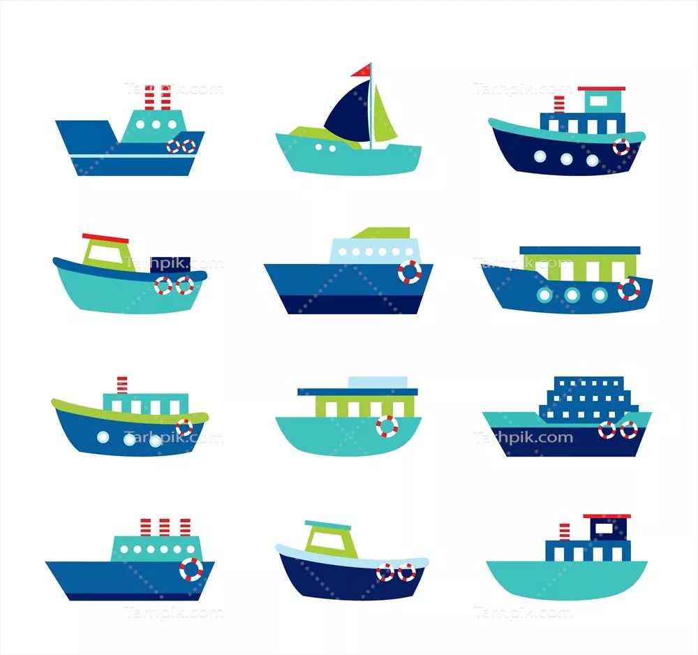 مجموعه قایقهای آبی با جزئیات سبز و قرمز - وکتور طراحی زیبا