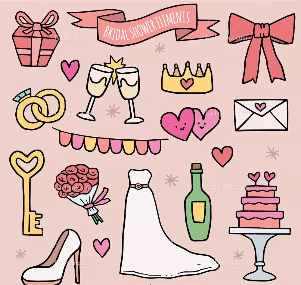 مجموعه لوازم جانبی دوش عروسی با طراحی دستکشیده و وکتور منحصر به فرد