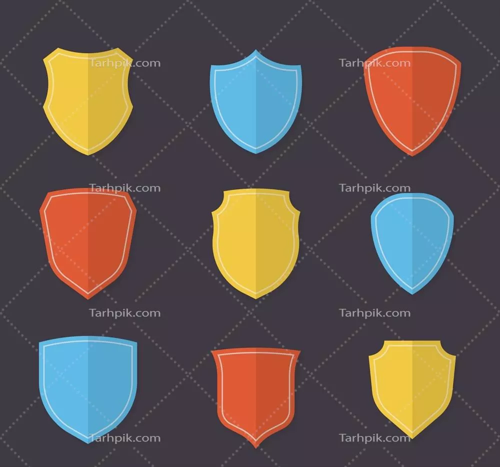 مجموعه ای از سپرهای رنگارنگ طراحی شده به صورت مسطح و وکتور
