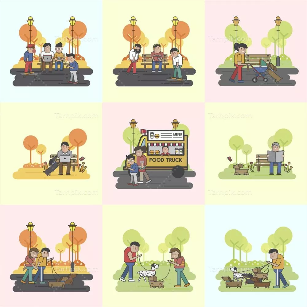 مجموعهای از فعالیتهای فضای باز با موضوع سگها در طراحی وکتور