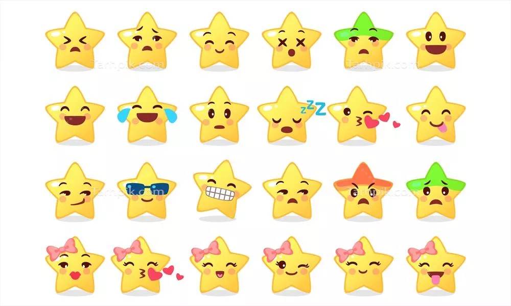 مجموعه آیکون های ناز و خنده دار ستاره کارتونی سفید به صورت وکتور