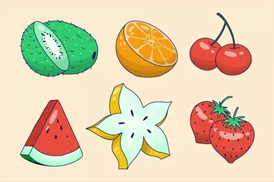 مجموعه ای از میوه های خوشمزه با طراحی دستی و وکتور