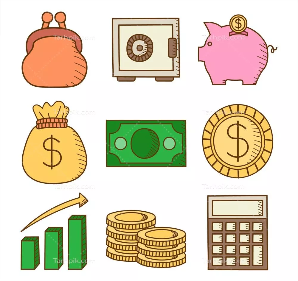 مجموعه عناصر مالی دست‌کشیده شده به صورت وکتور شامل اشکال و جزئیات متنوع