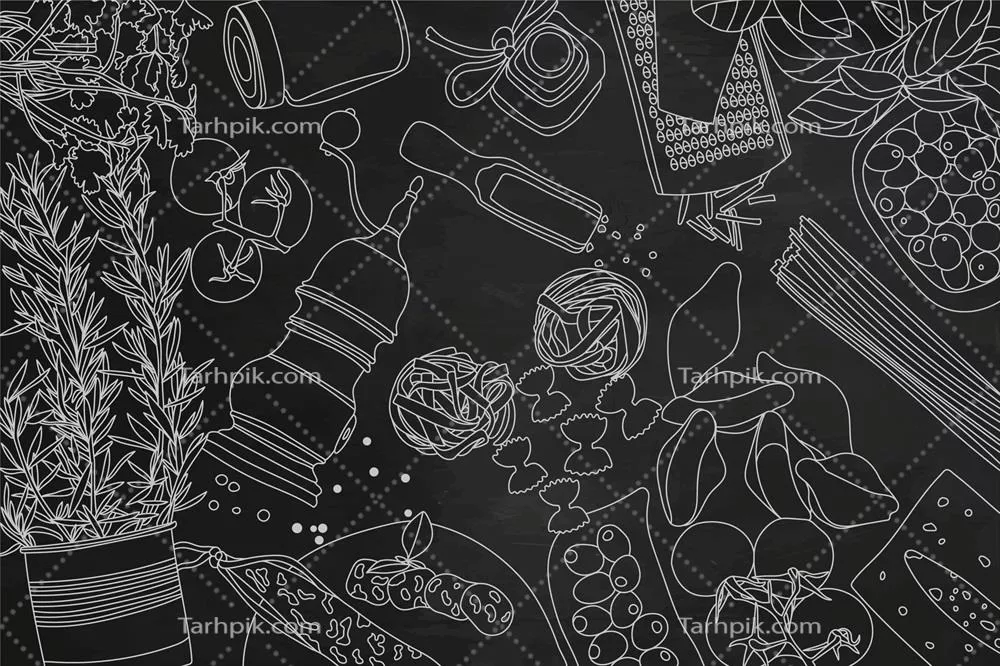 مجموعهای از مواد اولیه طراحی شده بر روی تخته سیاه وکتوری