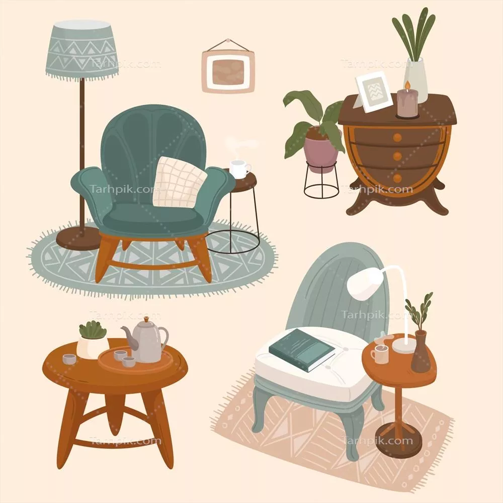 مجموعه داخلی با مبلمان شیک و راحت - دکوراسیون منزل به سبک وکتور
