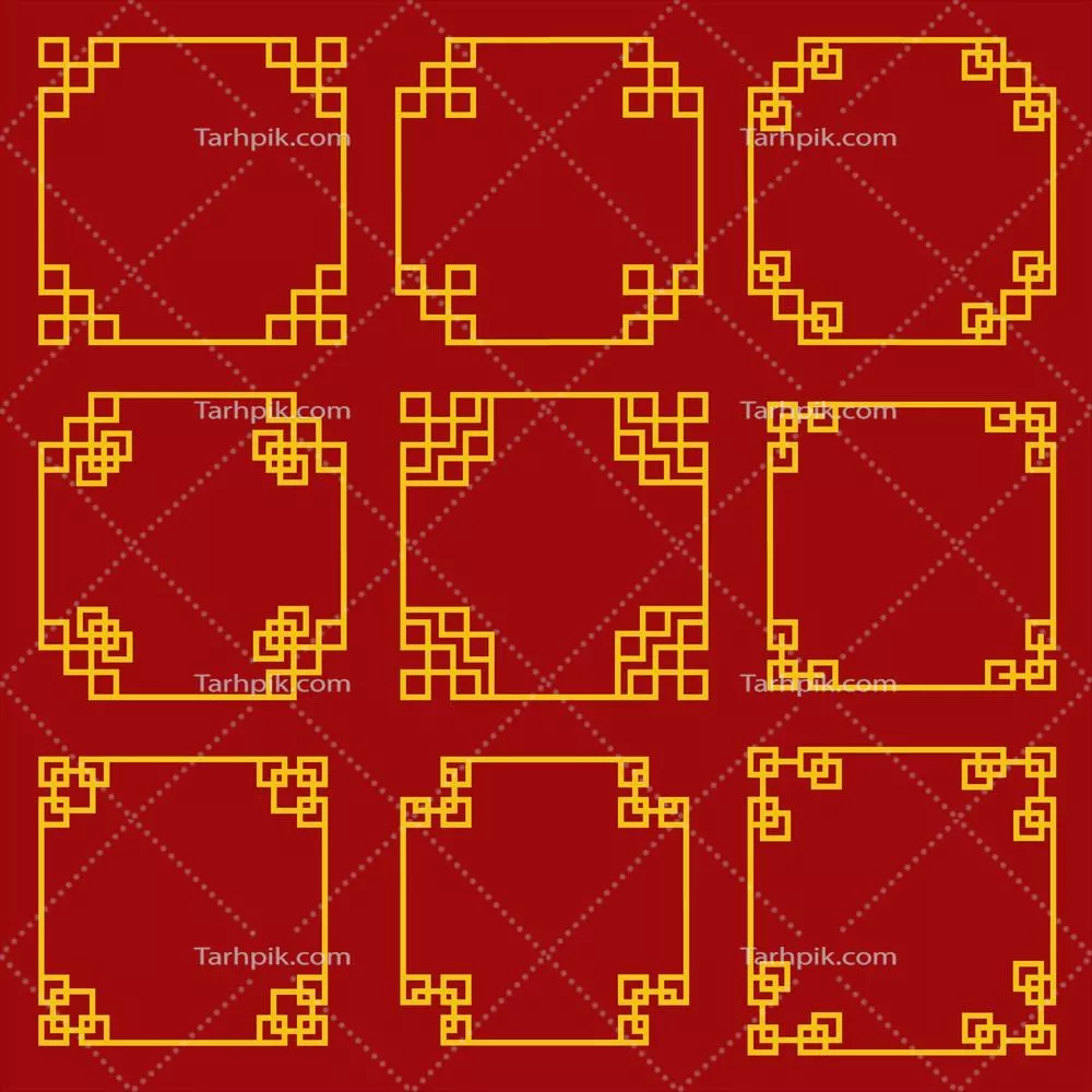 وکتور مجموعهای از حاشیهها و قابهای زینتی به رنگ طلایی زرد به سبک چینی بر روی زمینه قرمز