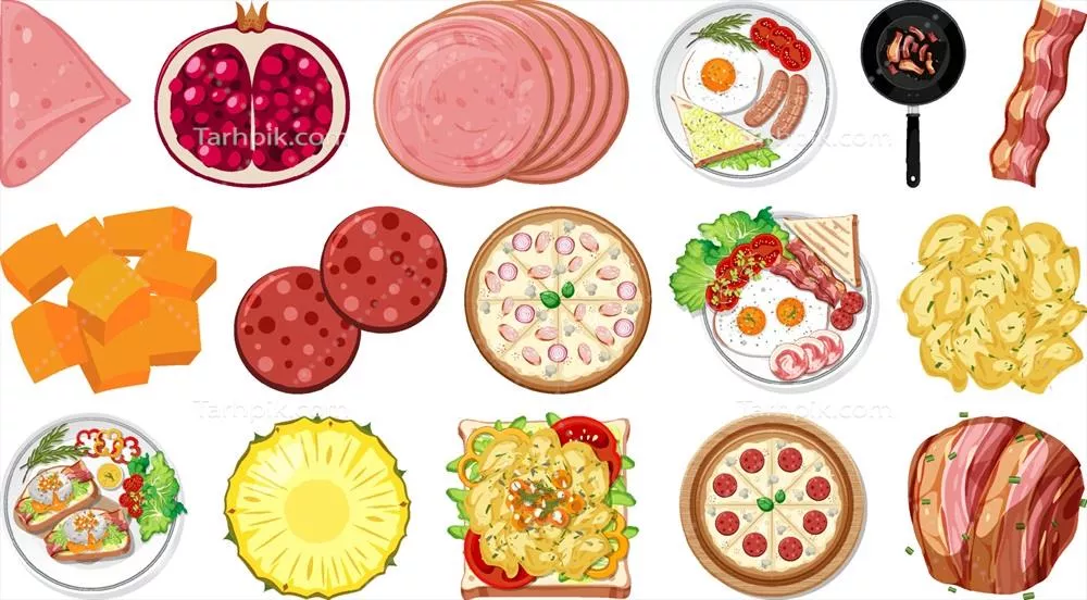 وکتور مجموعهای از مواد غذایی بر روی پسزمینه سفید برای تهیه غذاهای خوشمزه