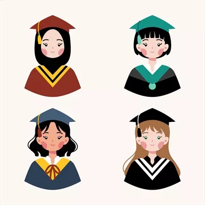 وکتور مجموعه‌ای از تصاویر کارتونی دختران با تم فارغ‌التحصیلی و جشن