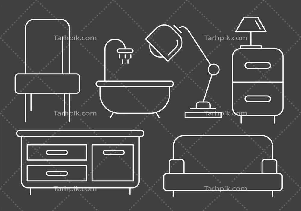 وکتور مجموعهای از آیکونهای مبلمان با طراحی خط نازک در نمای مینیمالیستی و سفید