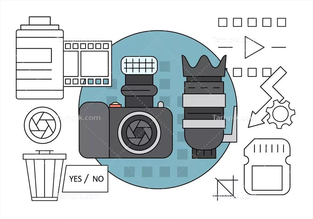 وکتور مجموعهای از تجهیزات گرافیکی با طرحهای نازک و نمادهای مختلف در طراحی مینیمالیستی