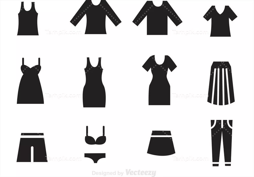 وکتور مجموعهای از آیکونهای مختلف لباسهای زنانه به رنگ مشکی