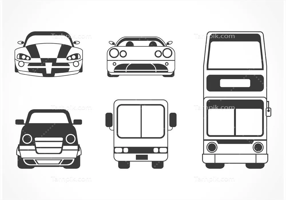 وکتور مجموعه ای از سیلوئت وسایل نقلیه: اتوبوس دو طبقه و ماشین های ورزشی