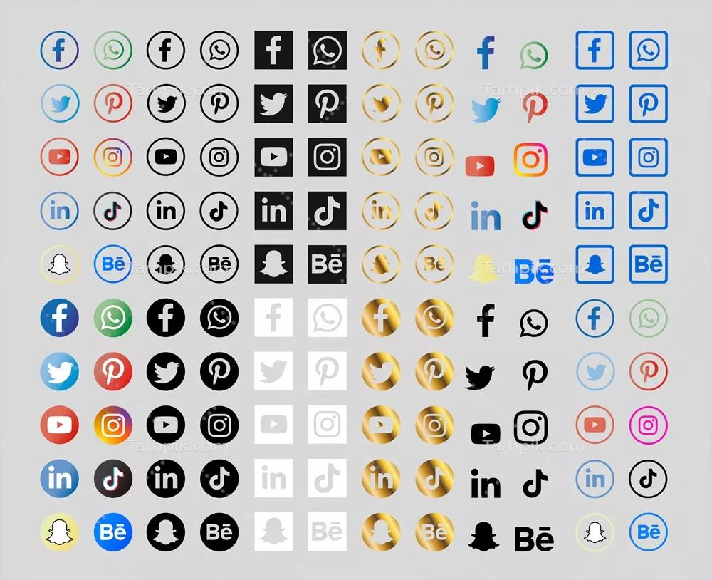مجموعه آیکون‌های شبکه‌های اجتماعی با گرادیان‌های طلایی و وکتورهای زیبا