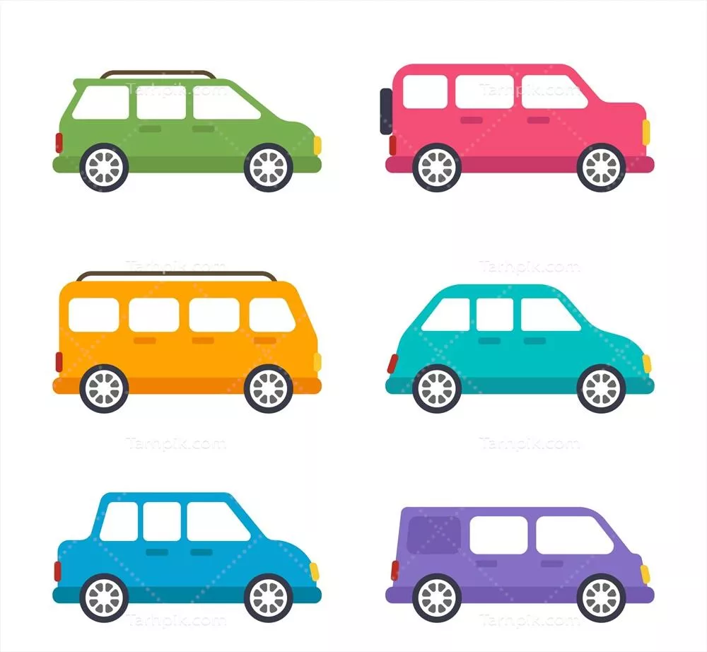 مجموعه ای از انواع وسایل نقلیه در طرح وکتور شامل اتومبیل، موتورسیکلت و کامیون