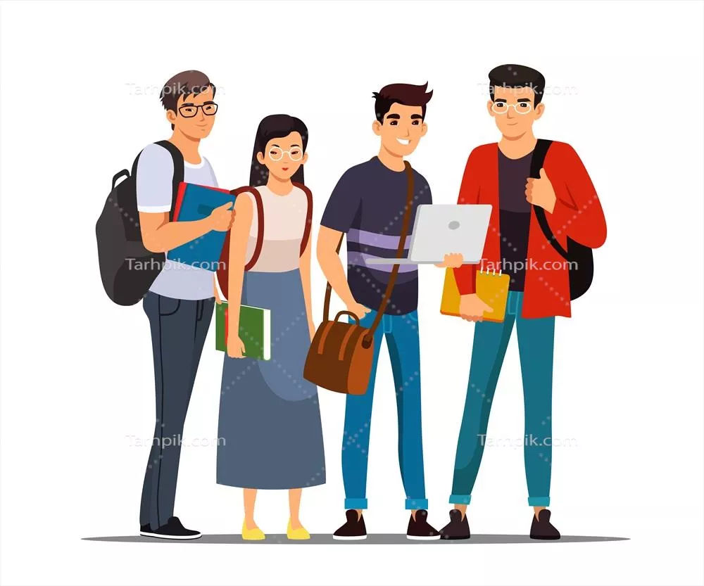 گروهی از دانشجویان جوان و شاد با پسزمینه سفید - وکتور