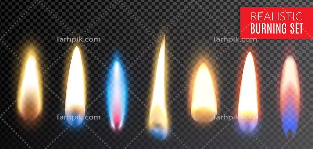 وکتور مجموعه آیکون شفاف و رنگی شعله با اشکال و رنگ های متنوع